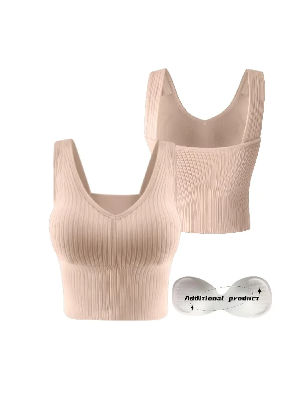 1pc Seamless Solid Sports Tank Top With Removable Pad Ribbed High Impact Backless Cropped Top strappy tank top