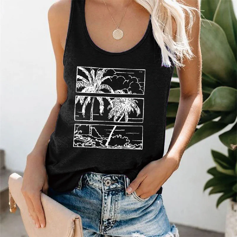 2 Pieces Women Casual Summer Vacation Large Size Coconut Tree Printing Tank Top striped tank top
