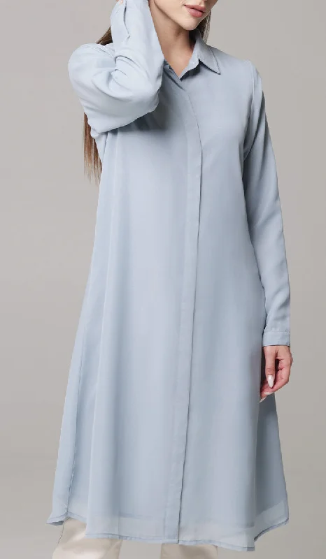 Asra Long Flowy Buttondown Shirt Jacket - Powder Blue - PREORDER (ships in 2 weeks) Notch Collar Peter Pan Collar Cowl Neck Asra Long Flowy Buttondown Shirt Jacket - Powder Blue - PREORDER (ships in 2 weeks) Notch Collar Peter Pan Collar Cowl Neck