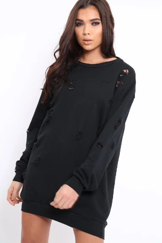 Black Distressed Detail Sweatshirt Jumper Dress - Ivy Hoodie with Rolled Sleeves Casual Relaxed Black Distressed Detail Sweatshirt Jumper Dress - Ivy Hoodie with Rolled Sleeves Casual Relaxed