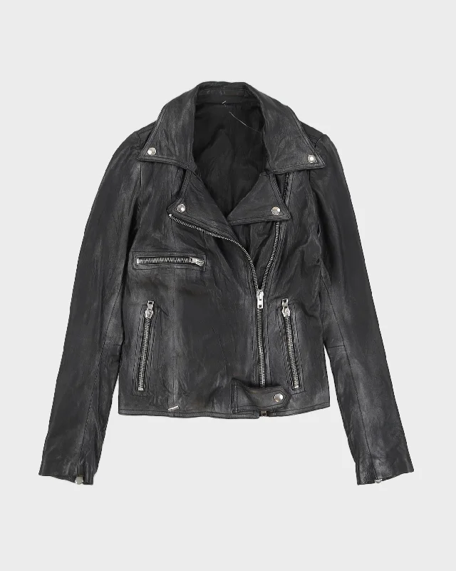 Black Leather Biker Zip Jacket - XXS Quilted Jacket Puffer Jacket Insulated Jacket