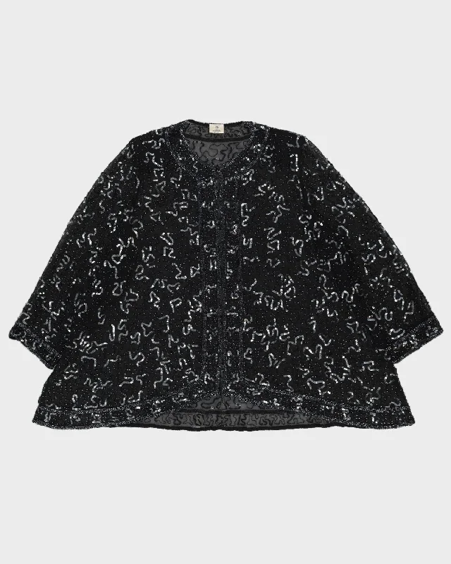 Black Silk Sequinned Open Jacket Top - XXXL Notch Collar Peter Pan Collar Cowl Neck