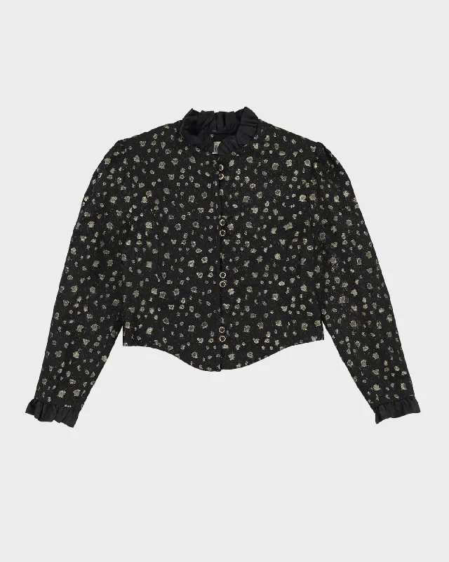 Black With Gold Pattern Cropped Jacket - S Collared Jacket Crew Neck Jacket Turtle Neck Jacket