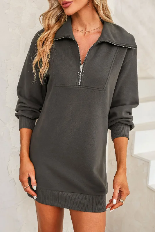 Blue Zone Planet | Half Zip Dropped Shoulder Mini Sweatshirt Dress Hoodie with Hem Patch Decorative Personalized Blue Zone Planet | Half Zip Dropped Shoulder Mini Sweatshirt Dress Hoodie with Hem Patch Decorative Personalized