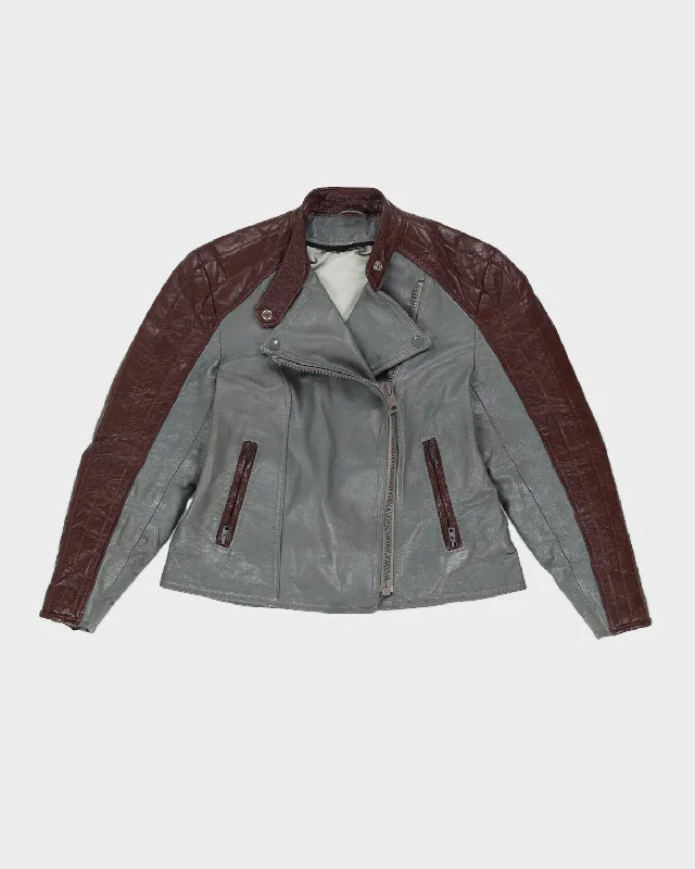 Burgundy And Grey Leather Biker Jacket - S Wool Fabric Cashmere Fabric Tweed Fabric