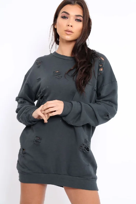 Charcoal Distressed Detail Sweatshirt Jumper Dress - Ivy Hoodie with Elastic Cuffs Stretchable Comfortable Charcoal Distressed Detail Sweatshirt Jumper Dress - Ivy Hoodie with Elastic Cuffs Stretchable Comfortable