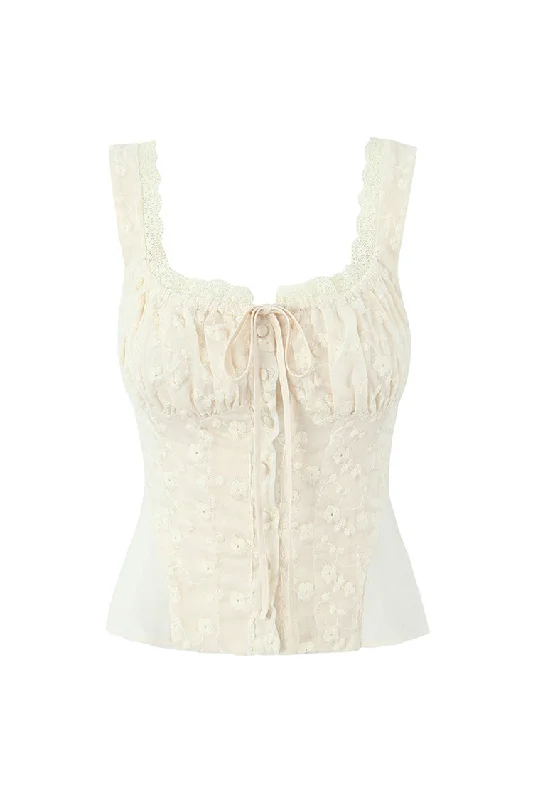 Cute Floral Embroidered Lace Bow Tie Button Up Chiffon Peplum Crop Tank Top cotton tank top