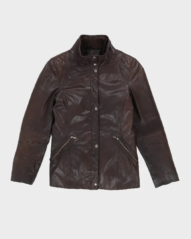 Danier Brown Leather Zip Jacket - S A-Line Jacket Boat Neck Shawl Collar