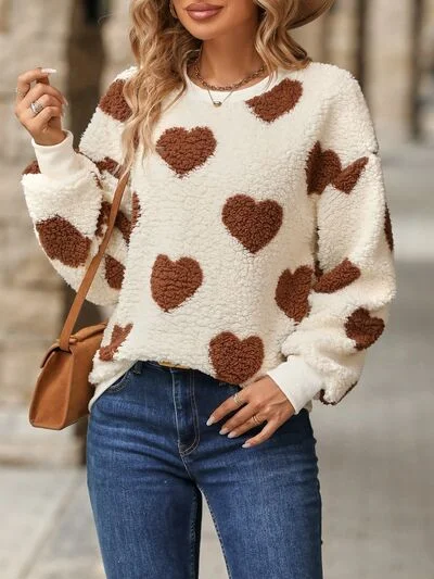 Fuzzy Heart Dropped Shoulder Sweatshirt Hoodie with Hem Ribbing Snug Secure