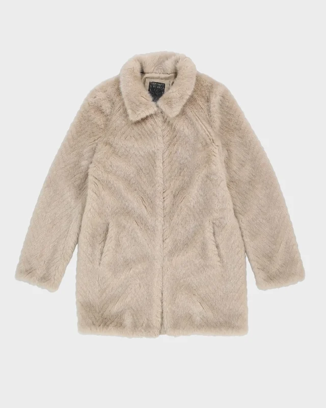 Guess Beige A-Line Faux Fur Jacket - XS Rayon Jacket Velvet Jacket Corduroy Jacket