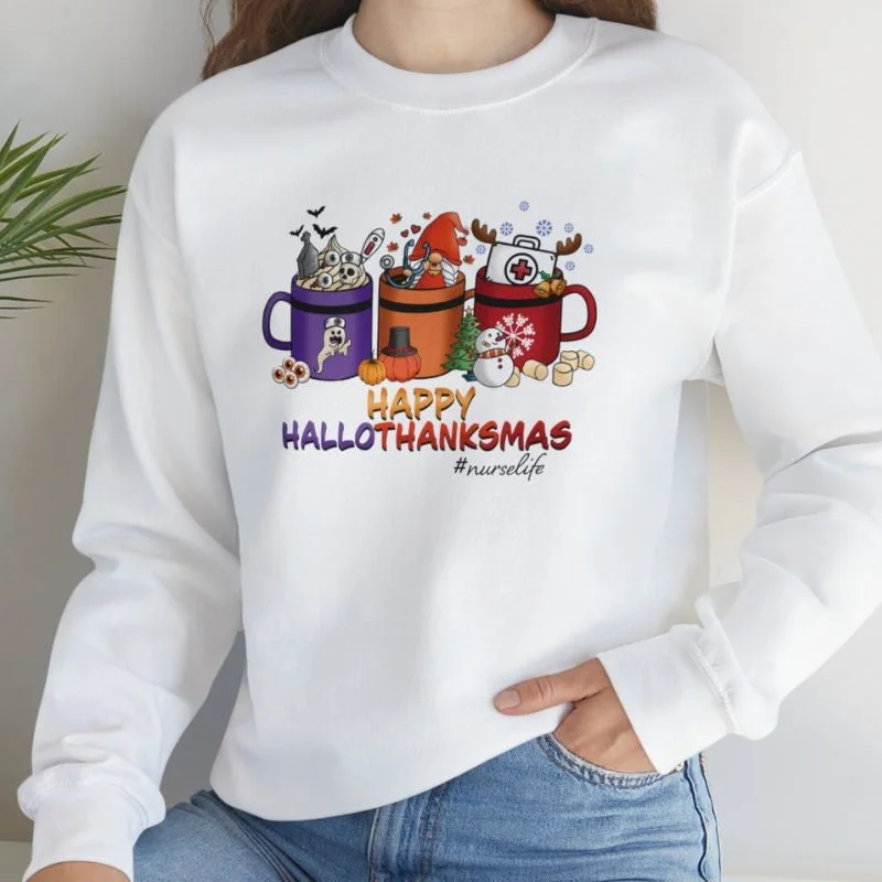 Happy Hallothanksmas Nurse Life Crewneck Sweatshirt Hoodie with Lace Feminine Delicate