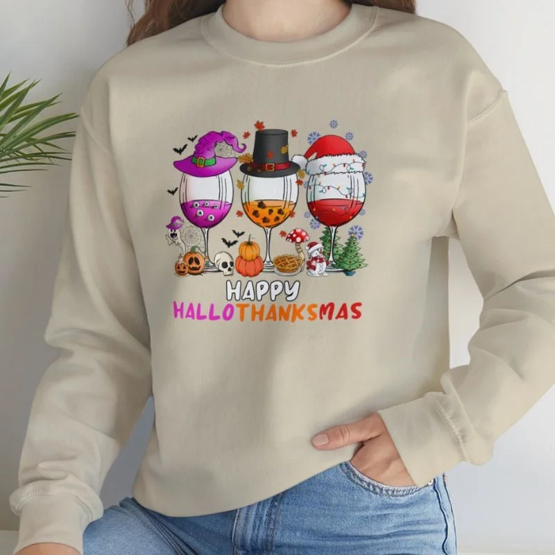Happy Hallowthanksmas Crewneck Sweatshirt Hoodie with Color Block Contrast Stylish