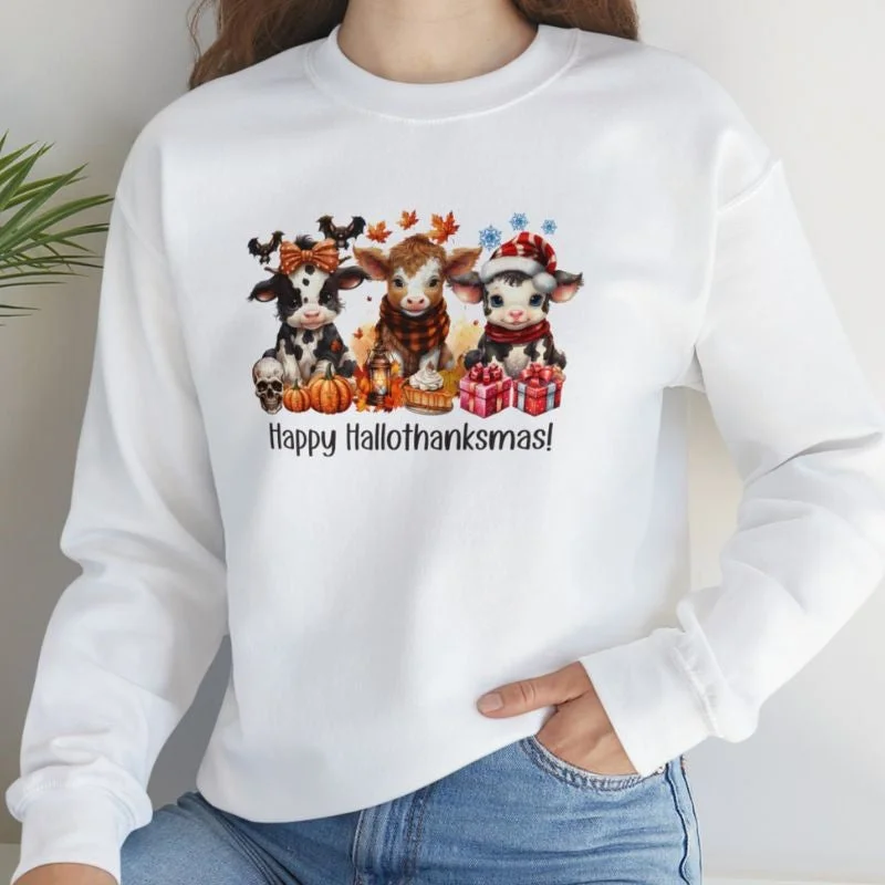 Happy Hallowthanksmas Crewneck Sweatshirt Hoodie with Illustration Artistic Creative