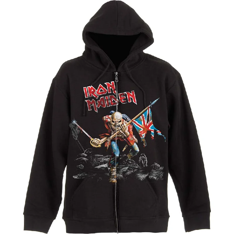 Iron Maiden Unisex Zipped Hoodie: Scuffed Trooper (Back Print) Hoodie with Exposed Zipper Edgy Industrial Iron Maiden Unisex Zipped Hoodie: Scuffed Trooper (Back Print) Hoodie with Exposed Zipper Edgy Industrial