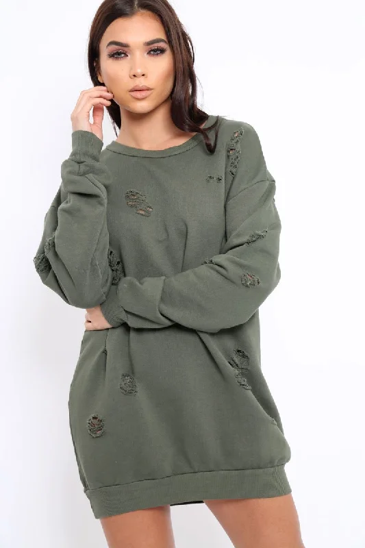 Khaki Distressed Detail Sweatshirt Jumper Dress - Ivy Hoodie with V-Neck Classic Versatile Khaki Distressed Detail Sweatshirt Jumper Dress - Ivy Hoodie with V-Neck Classic Versatile