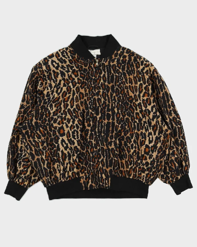 Leopard Print Silk Zip Jacket - XXL Stand-Up Collar Roll-Neck Collar Turtle Neck