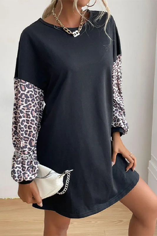 Leopard Print Sleeve Sweatshirt Mini Dress Hoodie with Oversized Fit Loose Comfortable Leopard Print Sleeve Sweatshirt Mini Dress Hoodie with Oversized Fit Loose Comfortable