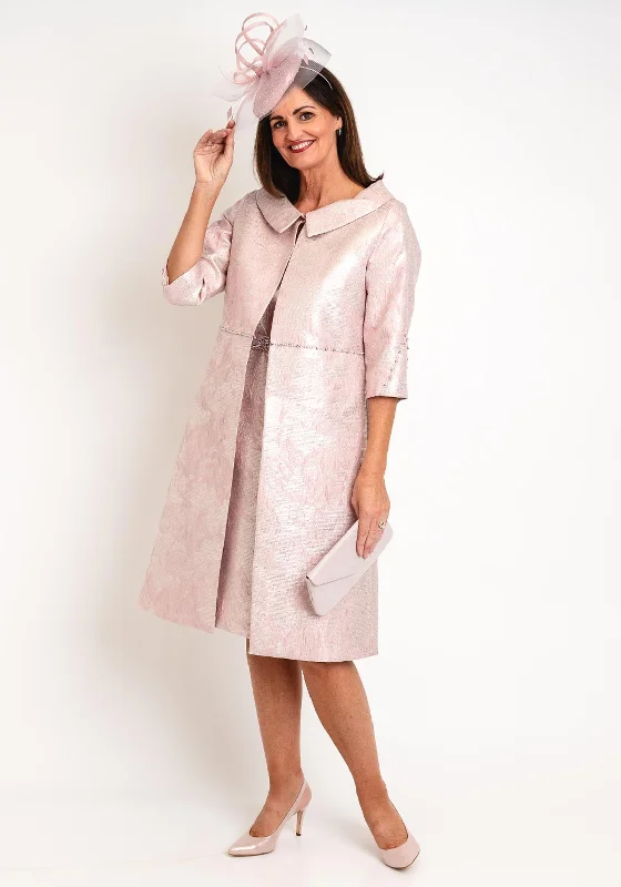 Lizabella Embossed Design Long Jacket & Dress Set, Blush Pink Jacket Blazer Coat