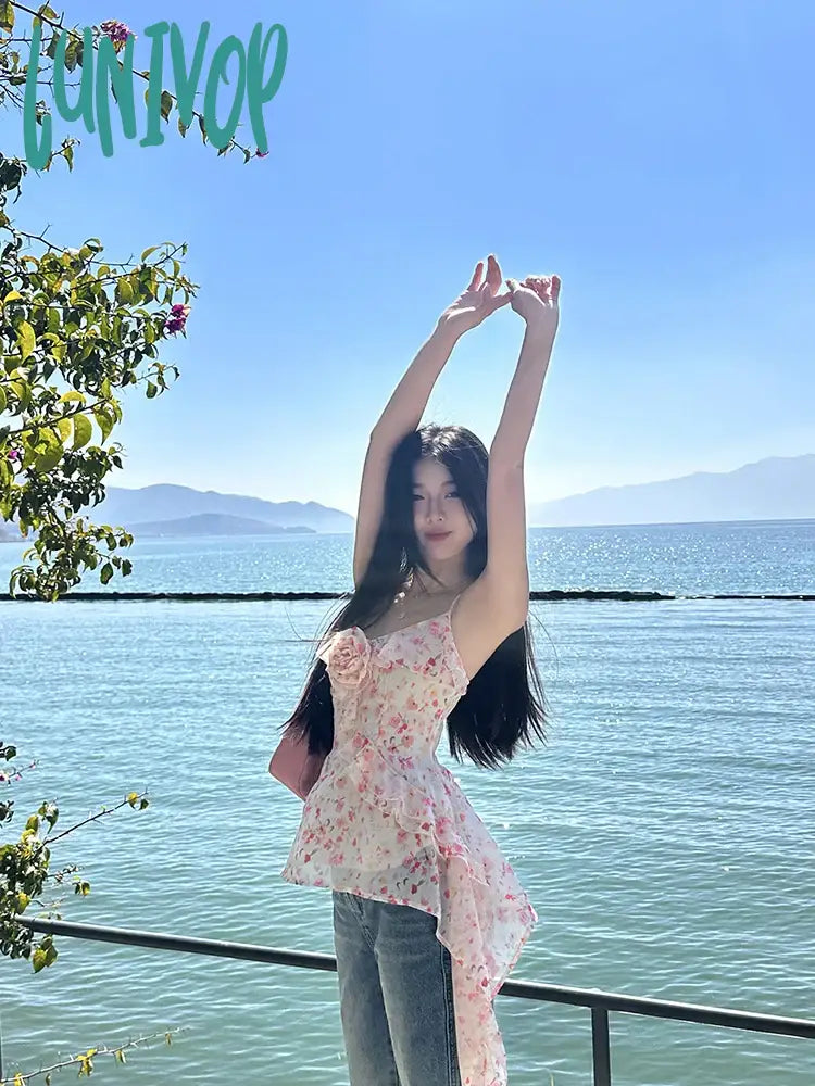 Lunivop Summer Chiffon Floral Blouse Women Casual Y2k Crop Tops Beach Style Korean Fashion Clothing Chic Tank Tops Vest Female Shirts neon tank top