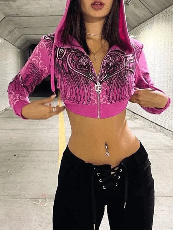 Winged Heart Zip-Up Cropped Hoodie Hoodie with Velcro Closure Adjustable Secure