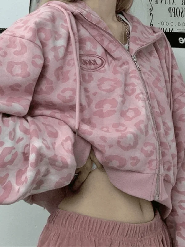 Leopard Print Crop Hoodie Hoodie with Toggle Buttons Decorative Unique