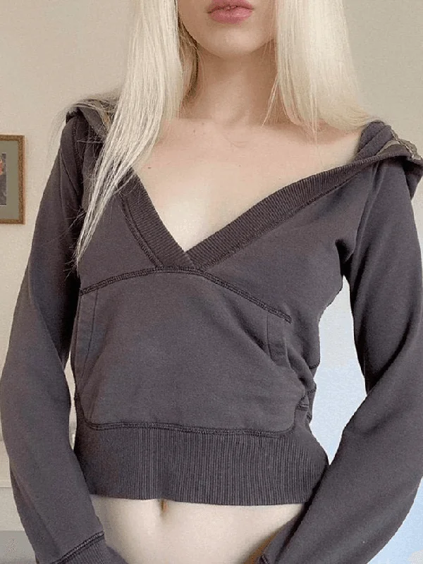 V Neck Y2K Cropped Hoodie Hoodie with Half-Zip Sporty Casual
