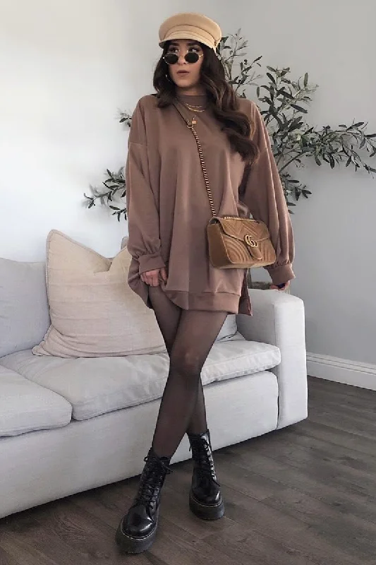 Mocha Oversized Slit Sweatshirt Dress - Kierell Hoodie with Mesh Breathable Sporty