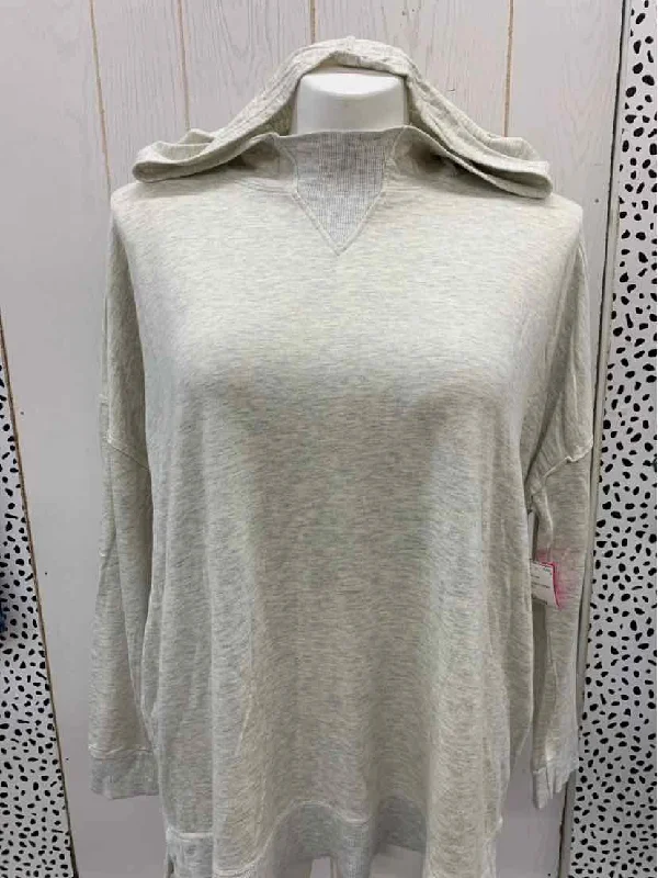 Mono b Beige Womens Size L Sweatshirt Hoodie with Hem Fringe Bohemian Relaxed