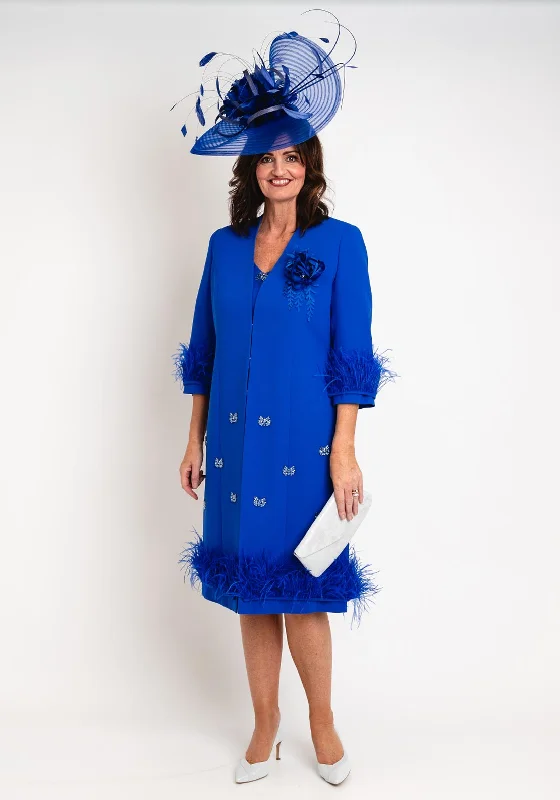 Ophelia Melita Boa Feather Trim Jacket & Dress Set, Iris Blue Zip Front Button Front Snap Front Ophelia Melita Boa Feather Trim Jacket & Dress Set, Iris Blue Zip Front Button Front Snap Front