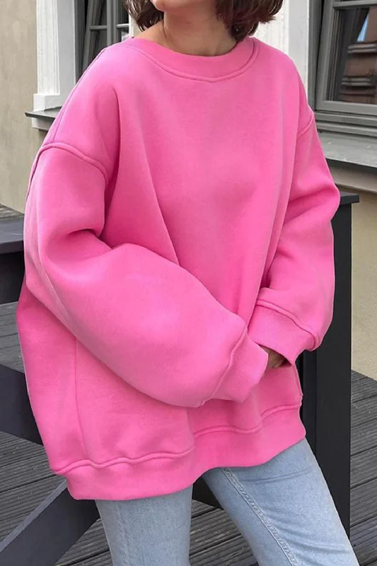 Oversize Round Neck Dropped Shoulder Sweatshirt Hoodie with Snap Buttons Easy Quick