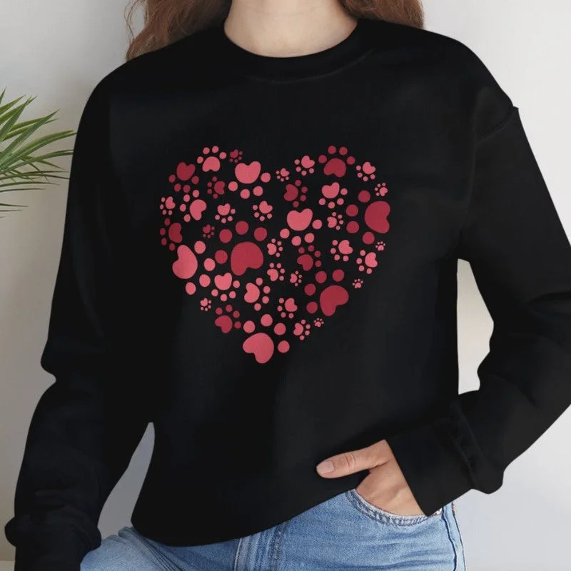 Pawprint Heart Crewneck Sweatshirt Hoodie with Contrast Stitching Detailed Premium