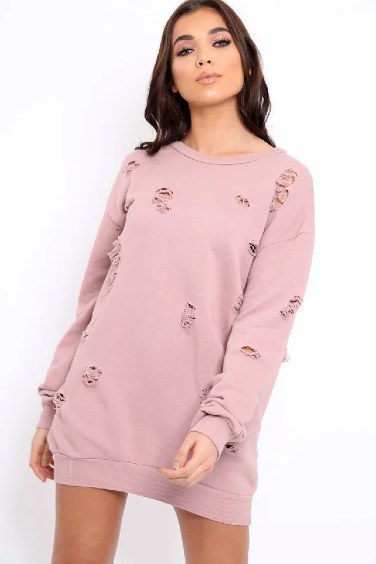 Pink Distressed Detail Sweatshirt Jumper Dress - Ivy Hoodie with Mock Neck Collared Structured Pink Distressed Detail Sweatshirt Jumper Dress - Ivy Hoodie with Mock Neck Collared Structured