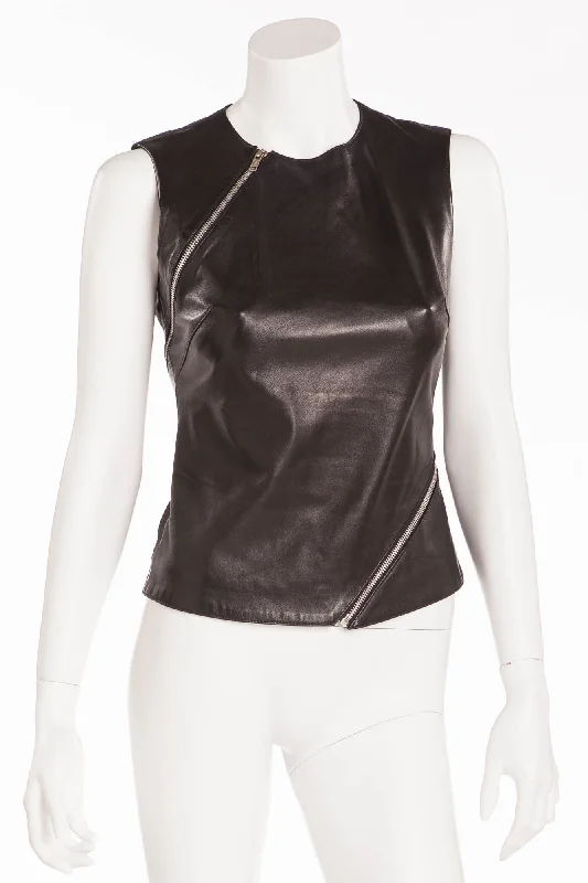 Plein Sud - Black Leather Tank Top with Silver Zippers metallic tank top