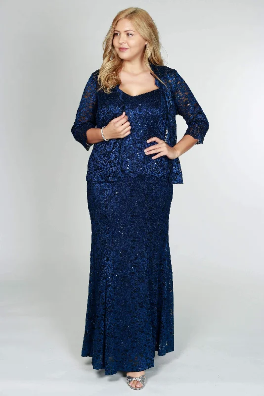 R&M Richards 5385 Formal Jacket Lace Long Dress Navy Lace Jacket Ribbed Jacket Sequined Jacket