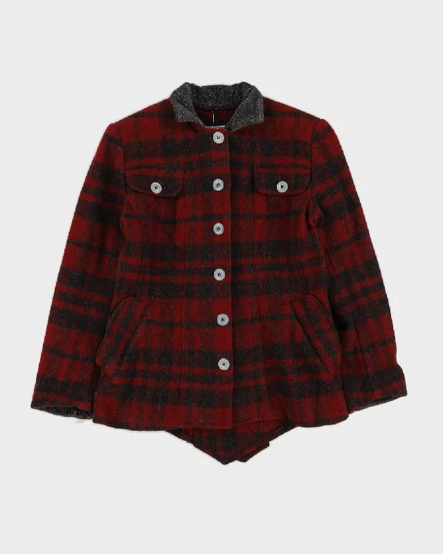 Red And Grey Checked Wool Jacket - S Hoodie Zip-Up Jacket Button-Up Jacket