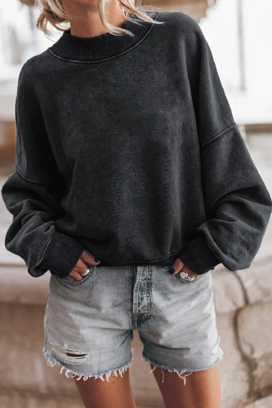 Round Neck Dropped Shoulder Sweatshirt Hoodie with Button Placket Classic Preppy