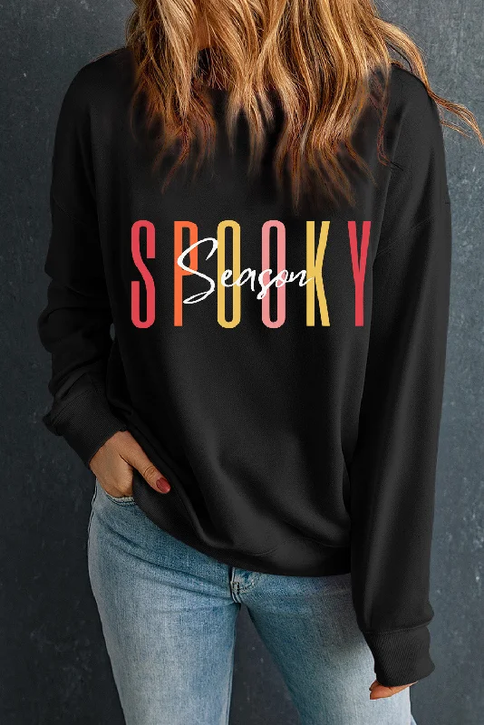 Round Neck Long Sleeve SPOOKY SEASON Graphic Sweatshirt Hoodie with Tied Waist Feminine Flattering