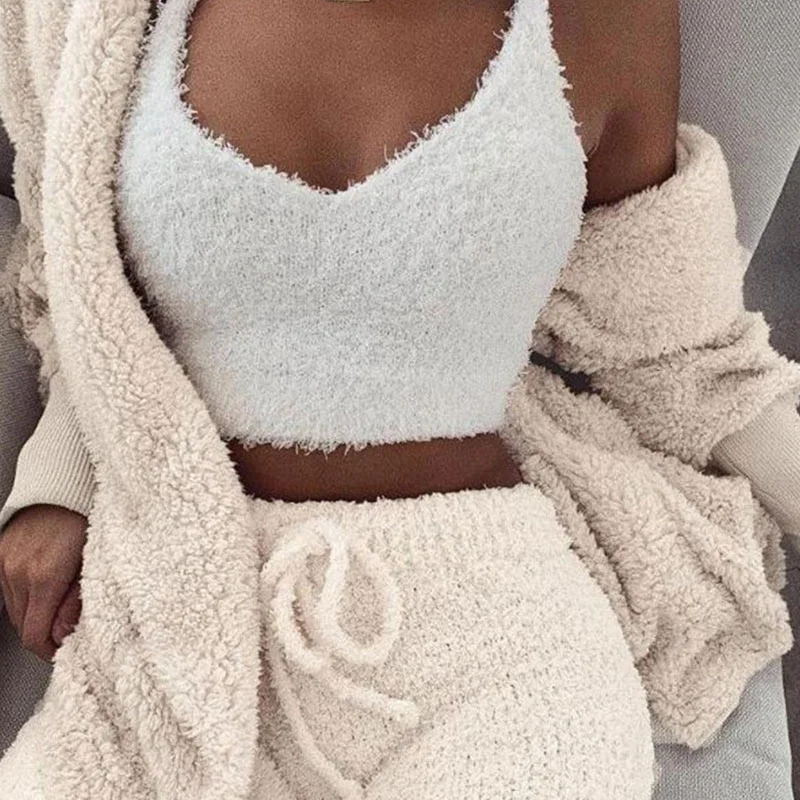 S-3XL 3 Pcs/Sets Solid Tank Top Long-Sleeve Coat And Shorts Plush Set mesh tank top