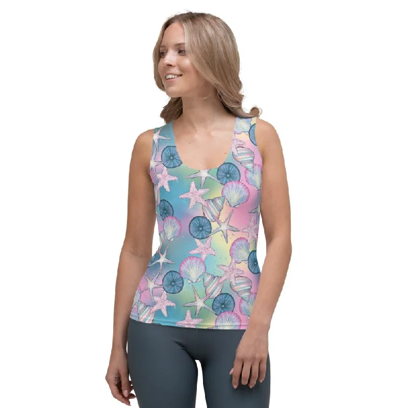 Seashells Sea Shell Starfish Beach Tropical Ocean Jewels Print Women's Tank Top, Women's Tank Top activewear tank top