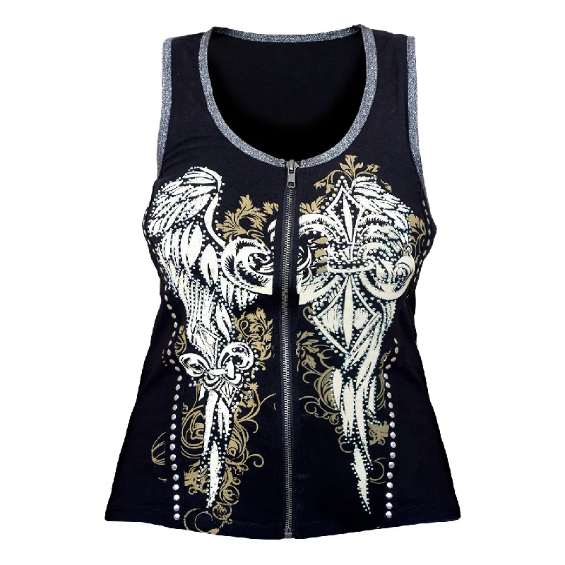 VB017 Fluer - Wings and Fluer De Lis Black Tank Topwith Zipper and Studs ribbed tank top