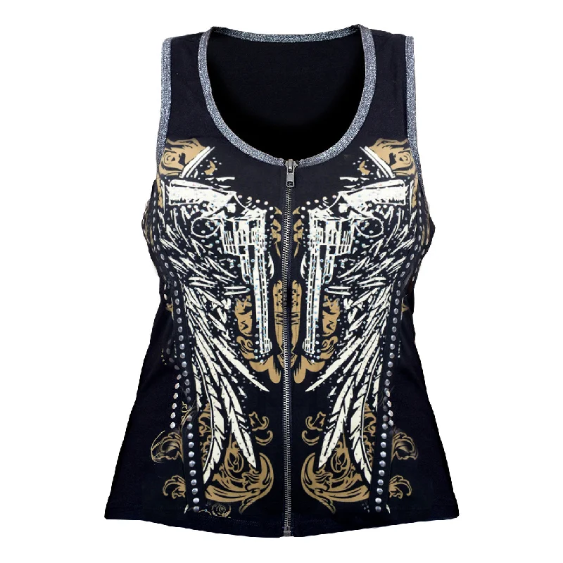 VB017 / VB117 Guns - Ladies Wings and Guns Black Tank Top with Zipper and Studs lightweight tank top