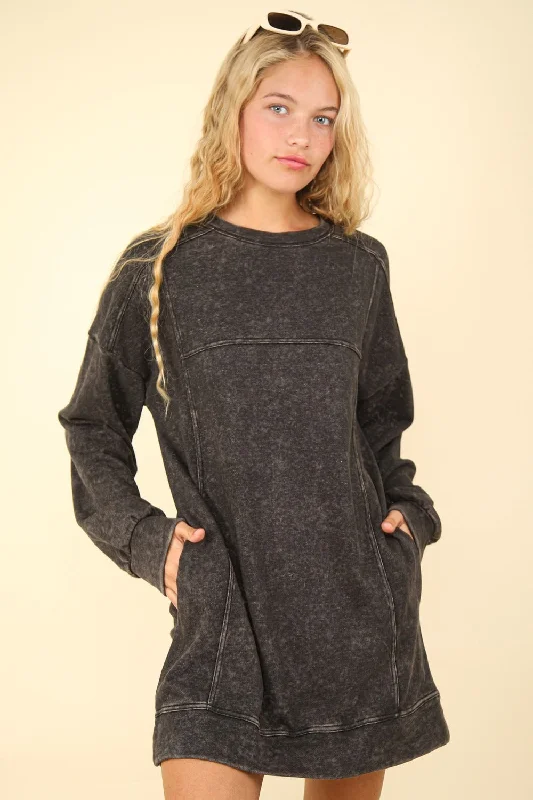 VERY J Mineral Washed Oversized Sweatshirt Mini Dress Hoodie with Elastic Waist Stretchable Comfortable VERY J Mineral Washed Oversized Sweatshirt Mini Dress Hoodie with Elastic Waist Stretchable Comfortable