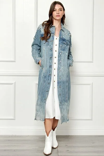 Veveret Full Size Distressed Raw Hem Pearl Detail Button Up Jacket Collared Jacket Crew Neck Jacket Turtle Neck Jacket Veveret Full Size Distressed Raw Hem Pearl Detail Button Up Jacket Collared Jacket Crew Neck Jacket Turtle Neck Jacket