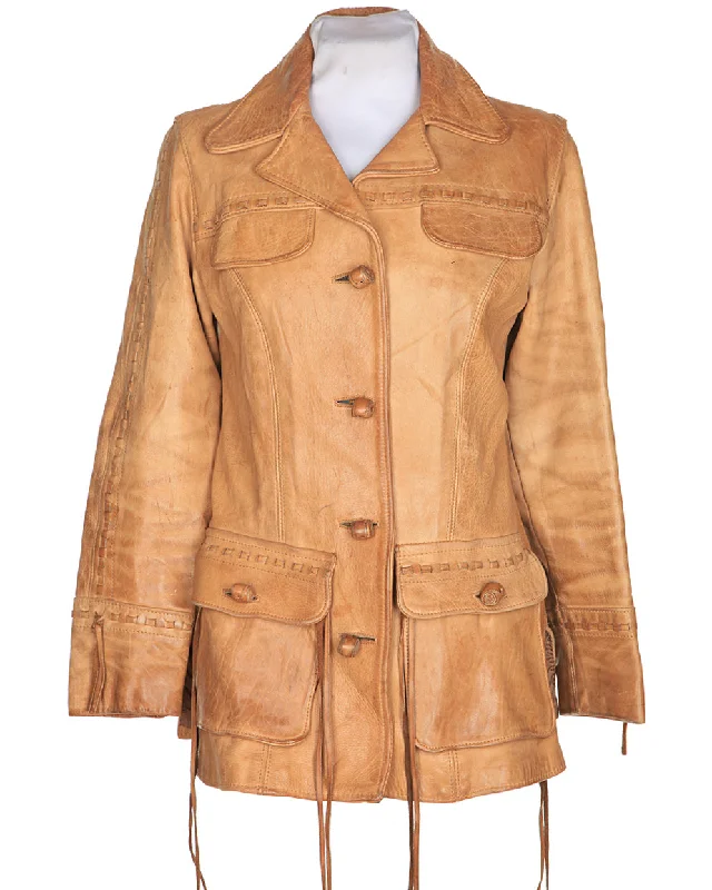Vintage 70's Tan Western Leather Jacket - S Zippered Front Buttoned Front Snap Front