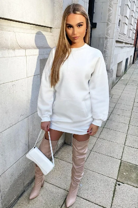White Front Pocket Sweatshirt Mini Dress - Niamh Hoodie with Pattern Geometric Abstract White Front Pocket Sweatshirt Mini Dress - Niamh Hoodie with Pattern Geometric Abstract