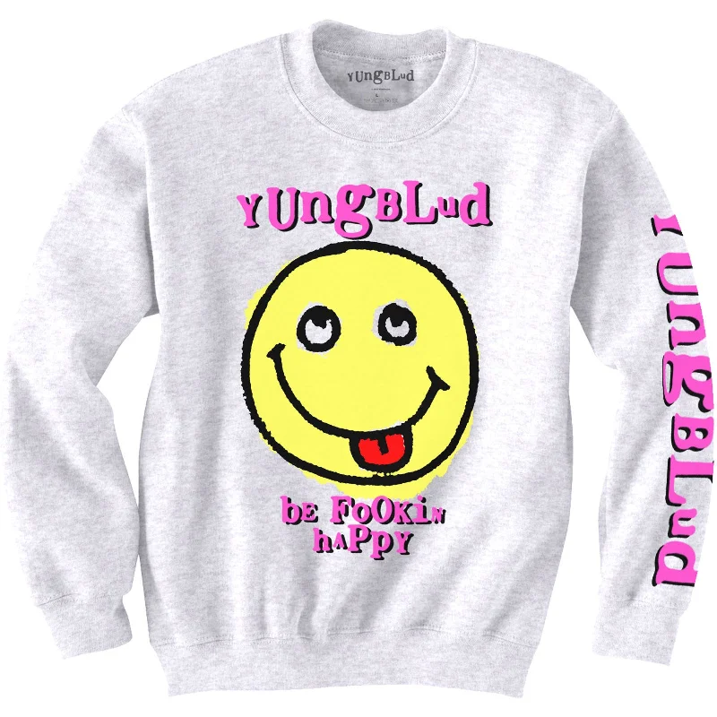 Yungblud Unisex Sweatshirt: Raver Smile (Back & Arm Print) Hoodie with Earth Tones Natural Calm Yungblud Unisex Sweatshirt: Raver Smile (Back & Arm Print) Hoodie with Earth Tones Natural Calm