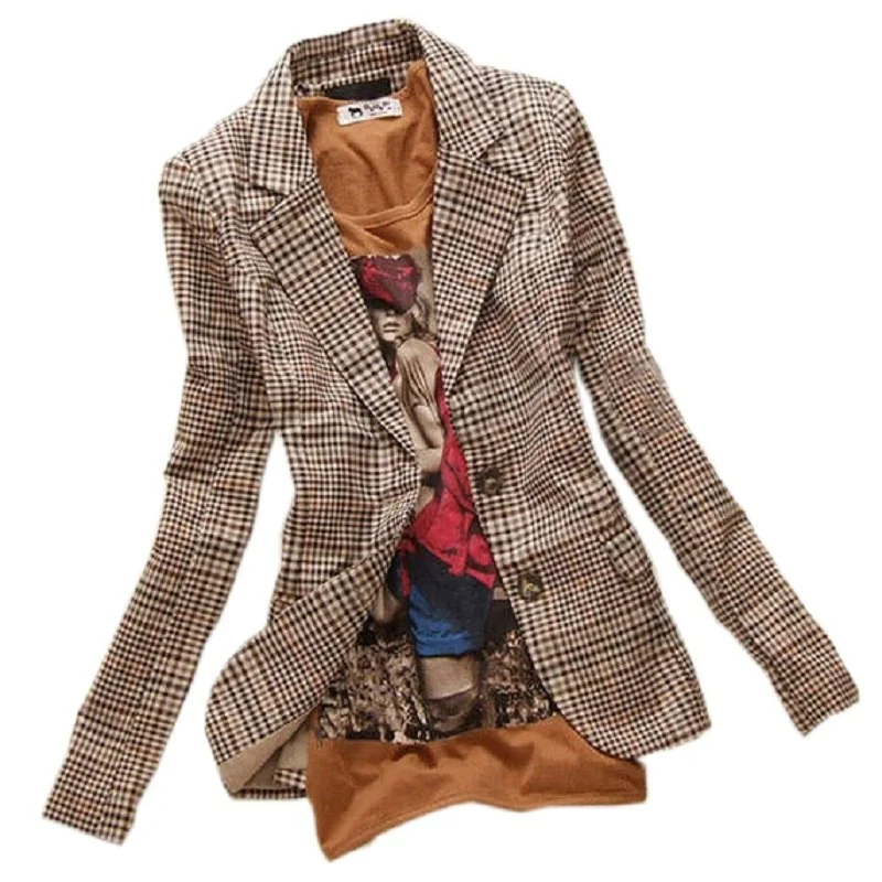 2015 New Fashion Women's Plaid Elbow Patches Slim Blazer Ladies Autumn Suits Basic Jacket Casual Blazer Feminino  A360 Boat Neck Shawl Collar Notched Collar
