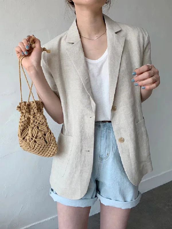 2023 Summer Solid Color Vintage Blazer Casual Thin Short Sleeve Women Jacket Women's Korean Style Cotton Linen Loose Suit Coat Welt Pockets Slit Pockets Flap Pockets