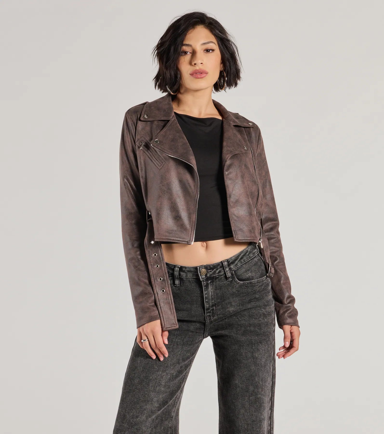 Cool Vibes Only Faux Suede Belted Moto Jacket Cardigan Sweater Pullover