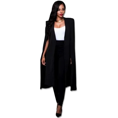 Autumn Thin Cloak Cape Blazer Women Coat Sexy Split Solid Long Casual Coats Tops Blazers Suits Office Jacket Feminino Pluse Size Zip Front Button Front Snap Front